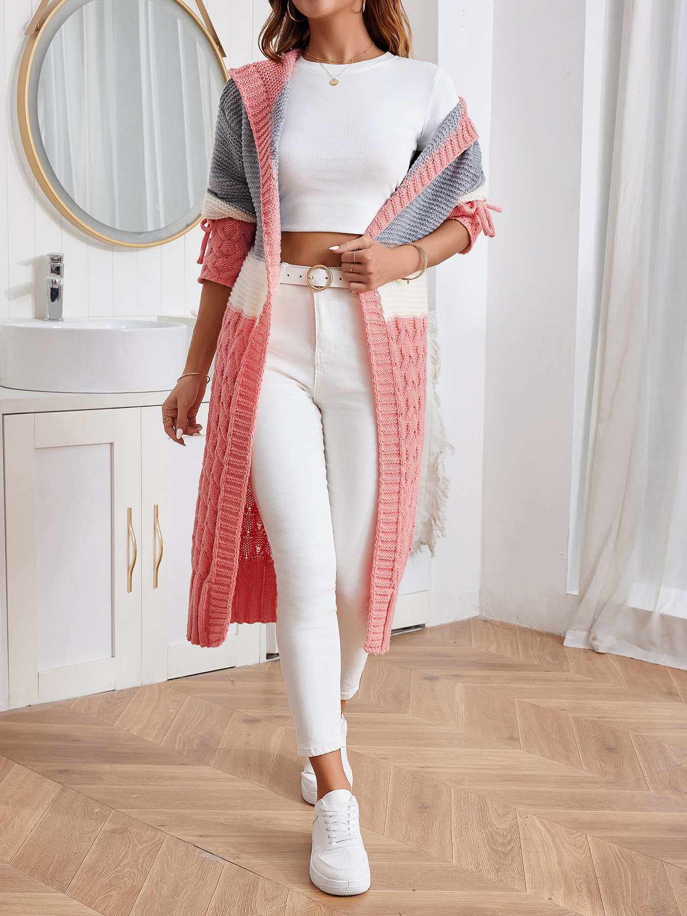 Fan FLO Long Los cárdigan para mujeres con capucha con capucha con capucha con capucha acanalado 5/7 de espesor, elegante estilo de invierno 2