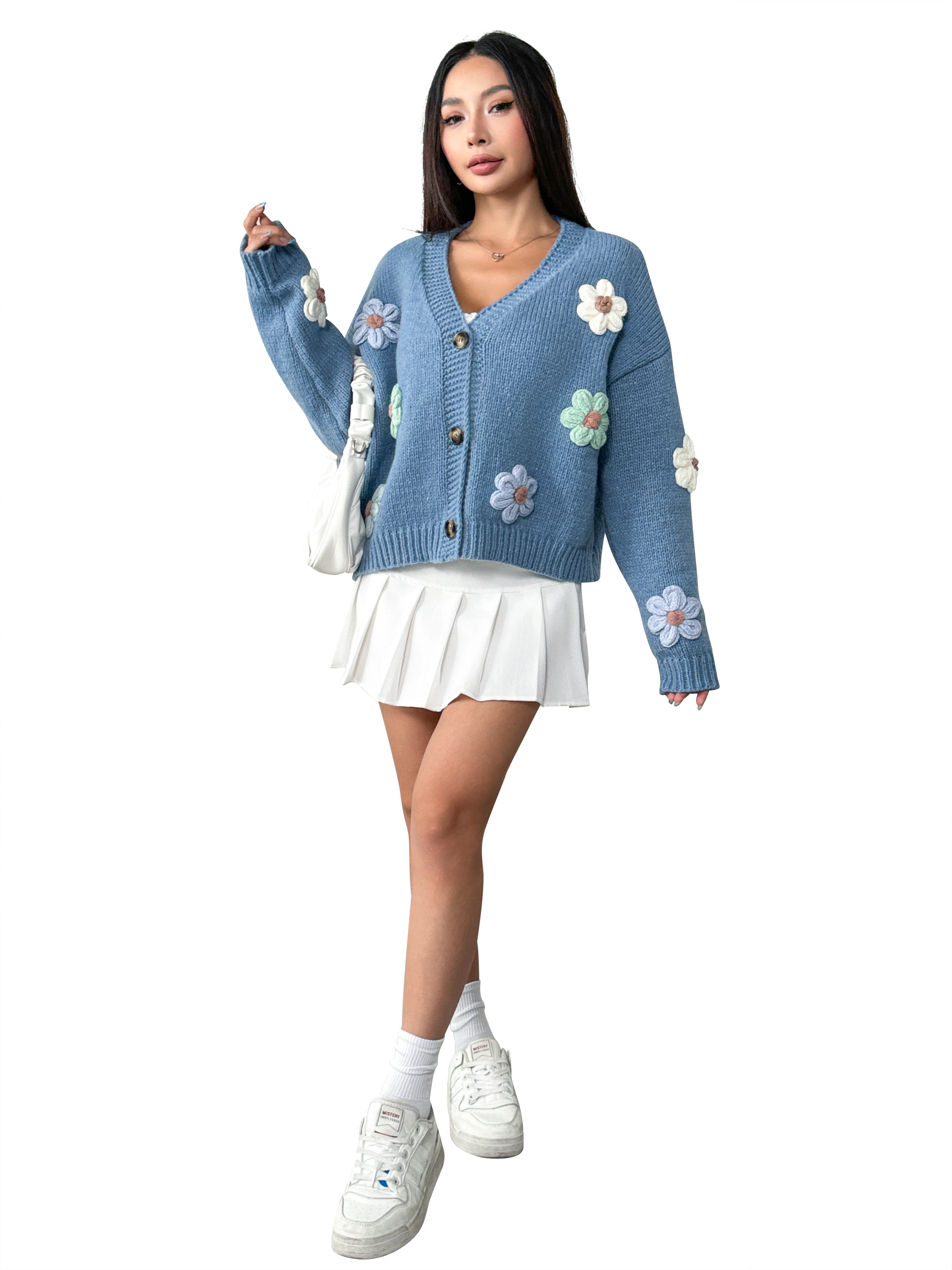 Fan Flo Damen Strick -Strickjacke Blumenstickerei elegante adrette Strickjacke 1