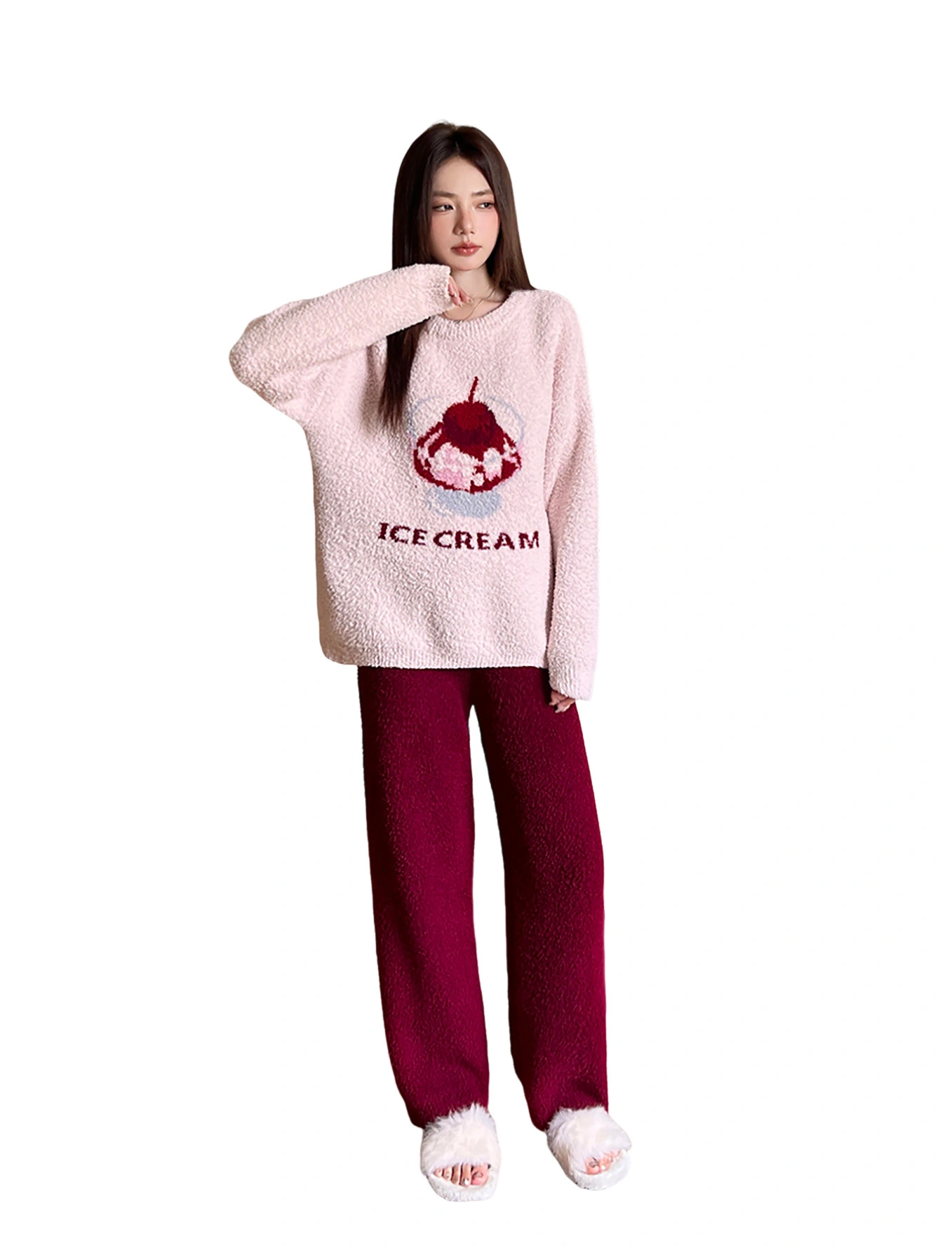 Fan Flo Damas Conjunto de ropa de hogar tejido de color rosa claro + Borgoña Color redondo Cuello largo Diseño de bordado Estilo perezoso 1