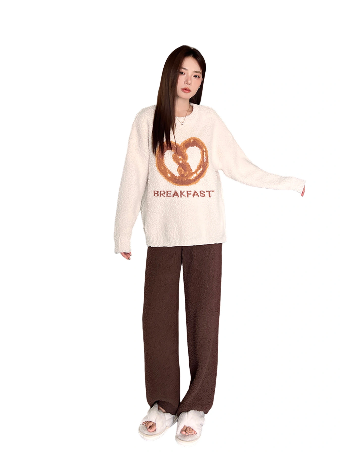 Fan Flo Femen's Kandited Homewear Set Apricot + Brown Color redondeo de color marrón Diseño de bordado de manga larga Estilo perezoso 1