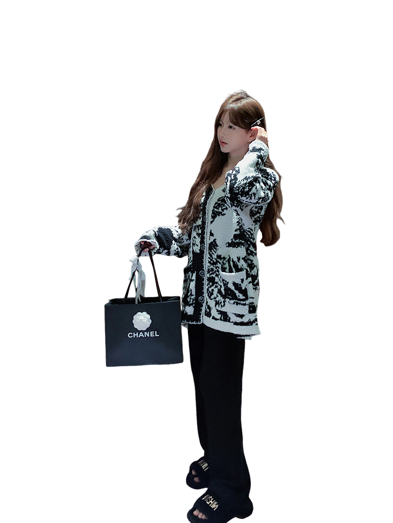 Fan Flo women's knitted home wear suit V-neck long sleeve button embroidery design Casual lazy style 1