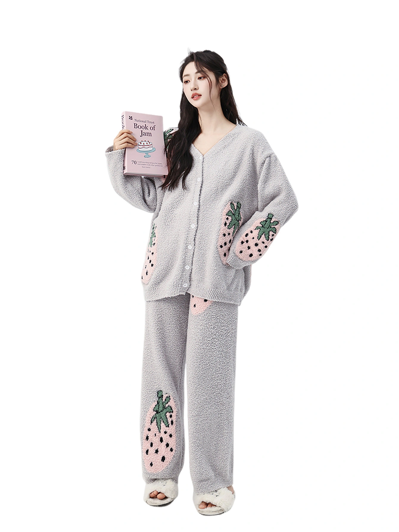 Ventilateur Flo pour femmes en tricot à domicile en vilage en V Vol à col à manches longues partielles Jacquard Design Casual Commuter Style 1