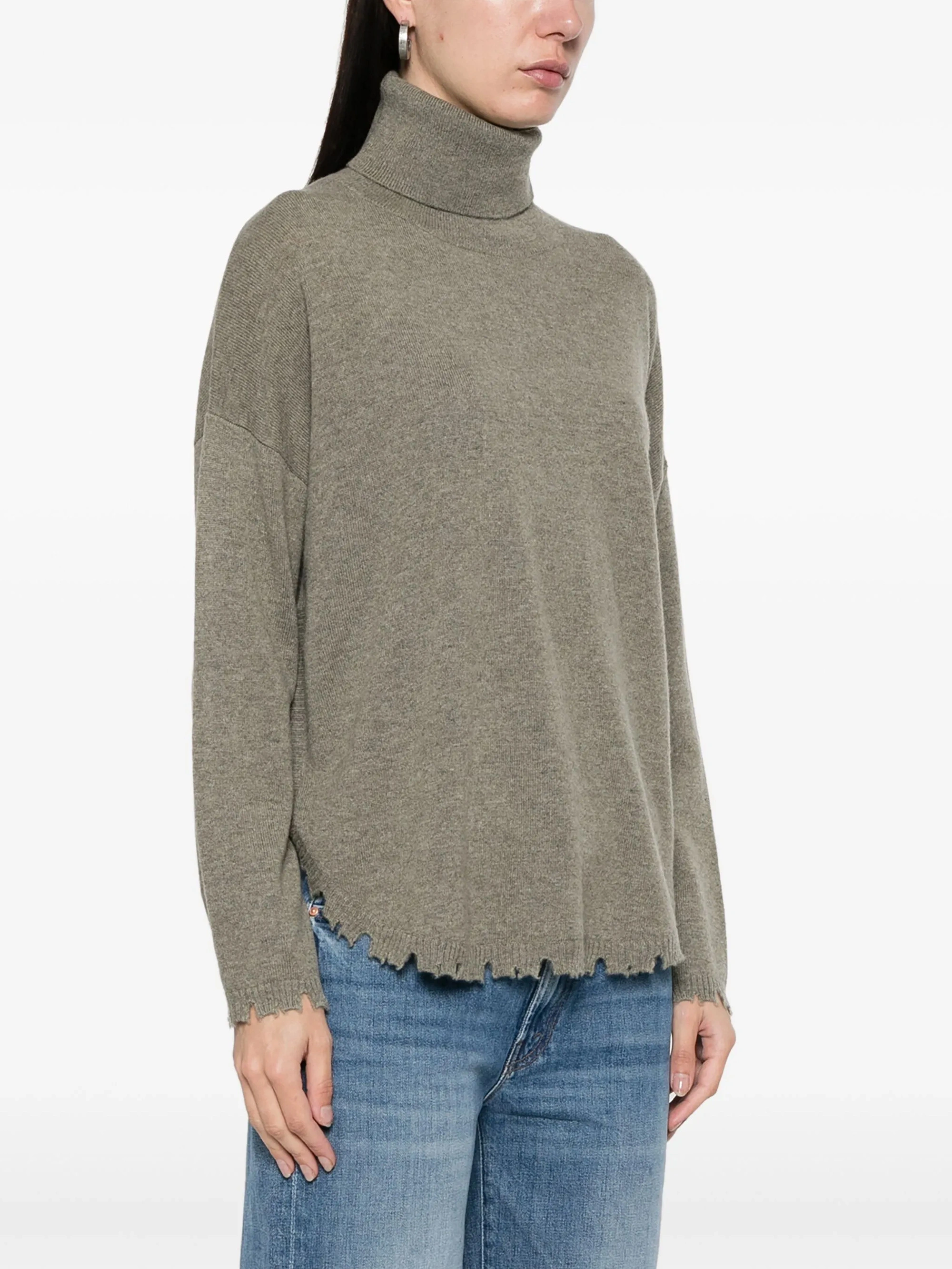 Fan Flo Women's Knit Sweater Solid Color High Neck Drop Shoulder Irregular Raw Edge Long Sleeve 100% Wool 5/7 Needle Casual All-match Pullover 1