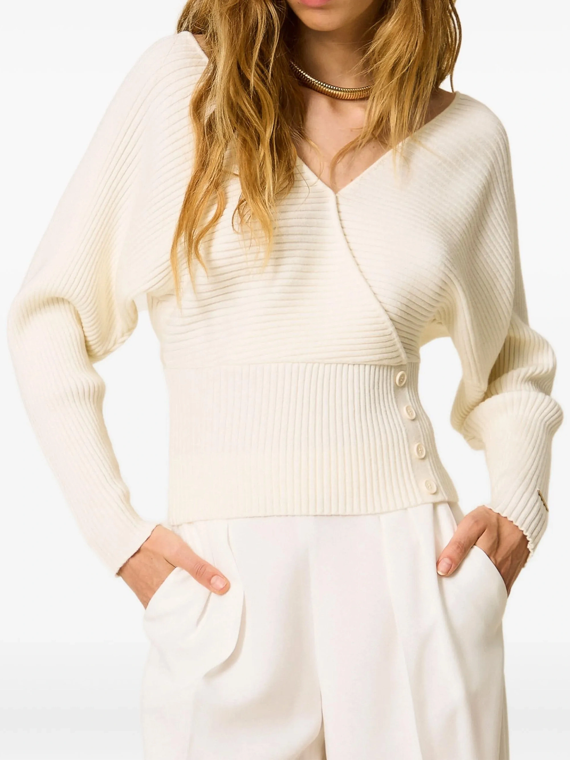 Fan Flo Women's Knitted Sweater Knitted Cross Neck Drop Shoulder Waist Button Ribbed Pullover 100% Wool 5/7 Needle Elegant Sweater 1
