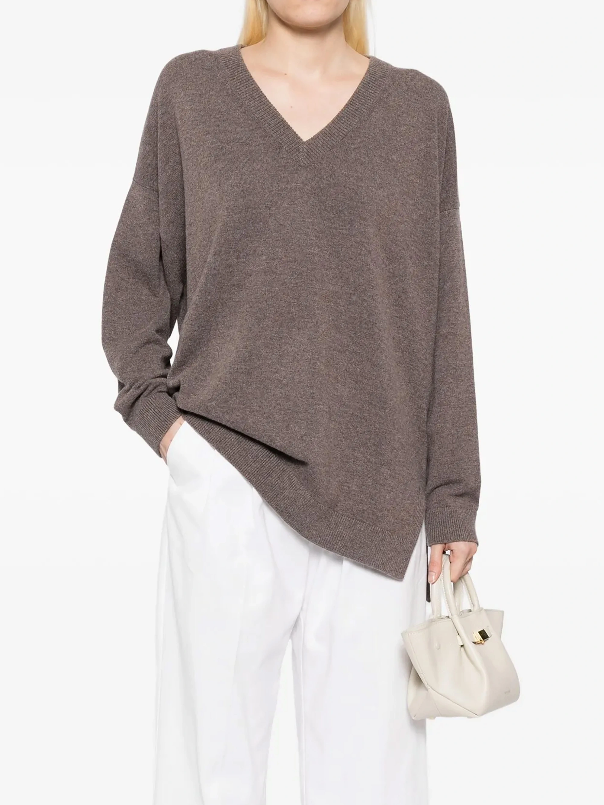 Fan Flo Women's Knitted Sweater Solid Color Drop Shoulder V-Neck Long Sleeve Soft Wax Knit Pullover 100% Wool 5/7 Needle Casual All-match Sweater 1