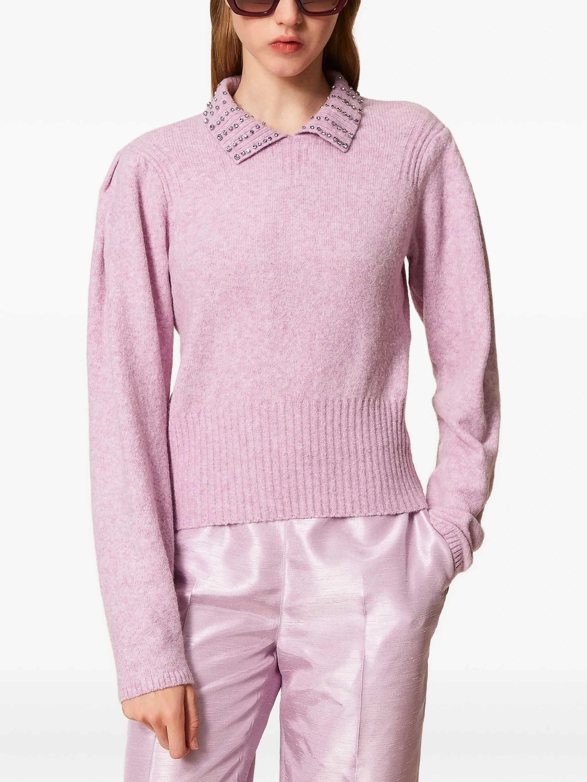 Fan Flo Women's Knitted Sweater Solid Color Lapel Rhinestone Straight Shoulder Ribbed Pullover 100% Wool 5/7 Needle Fashionable Versatile Casual Sweater 1
