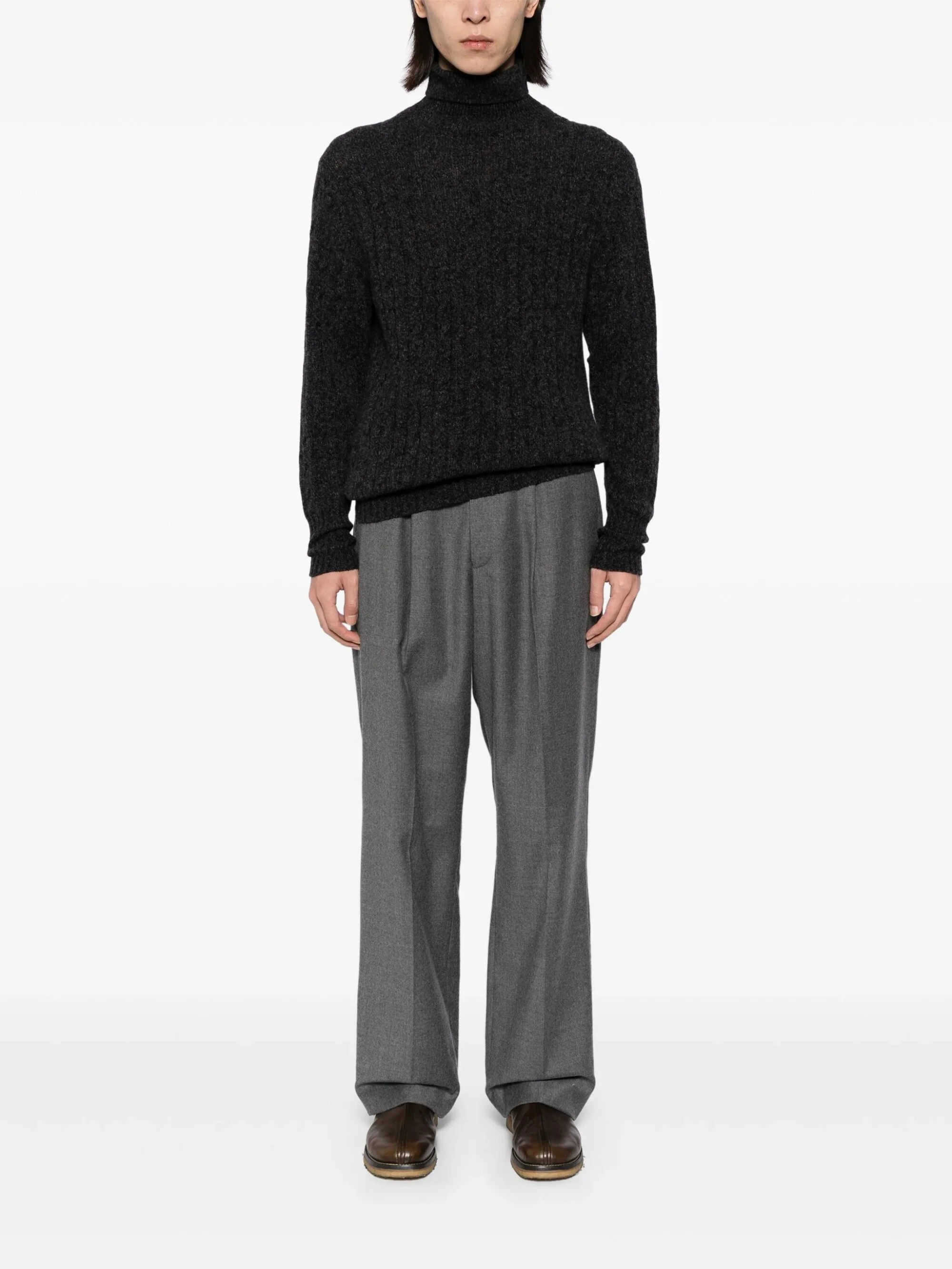Fan Flon Herrenpullover mit normaler Schulterpartie, einfarbig, gerippt, hoher Kragen, 100 % reine Wolle, 5/7 Gauge, lässig, vielseitig, Langarmpullover, Business Casual, Essential Style 1