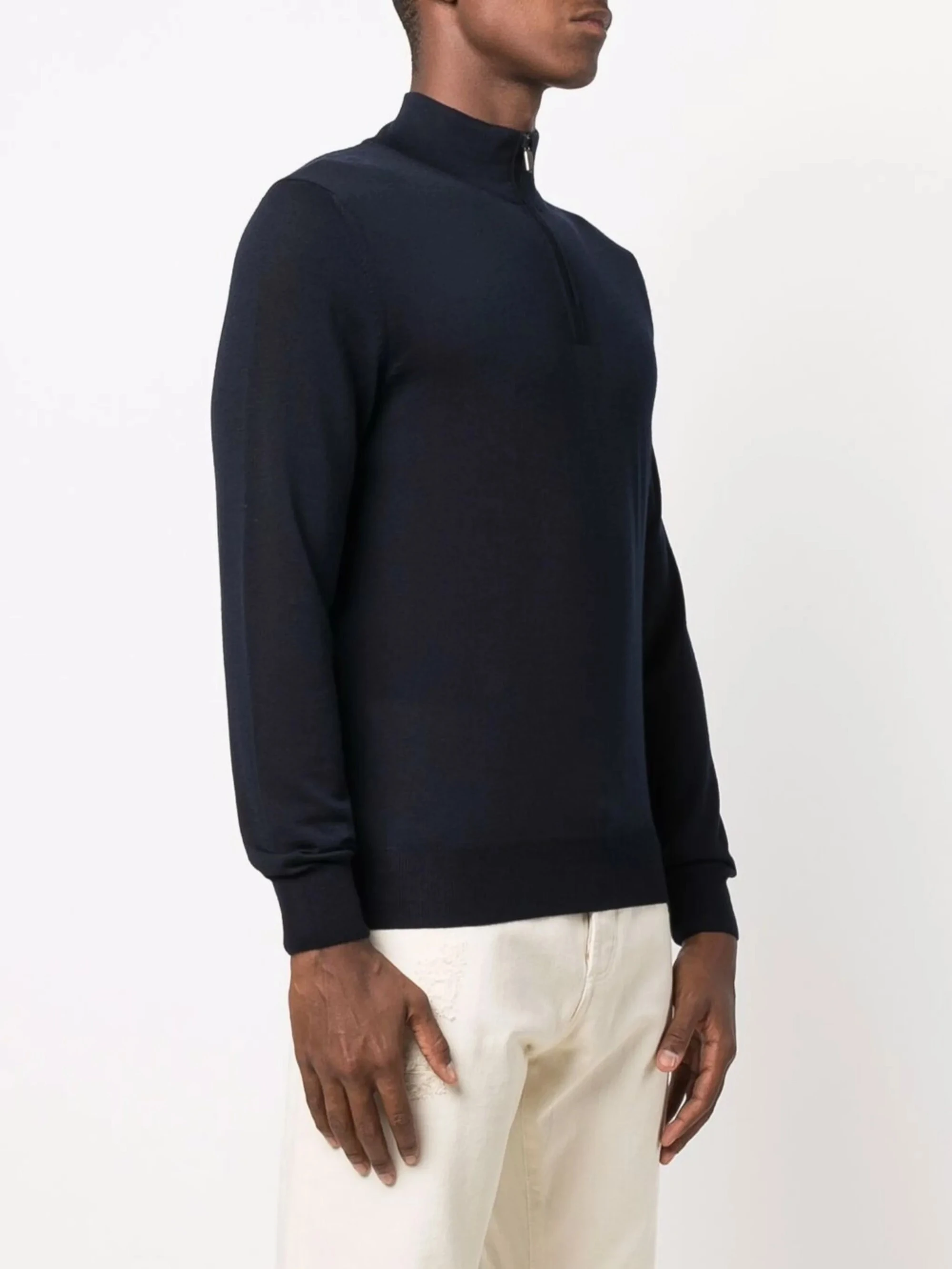 Fan Flon Men's Regular Shoulder Ribbed High Neck Zip-Up Solid Color Knit Long-Sleeve Pullover Sweater 100% Wool 5/7 Gauge Holiday Casual Business Basic Style 1