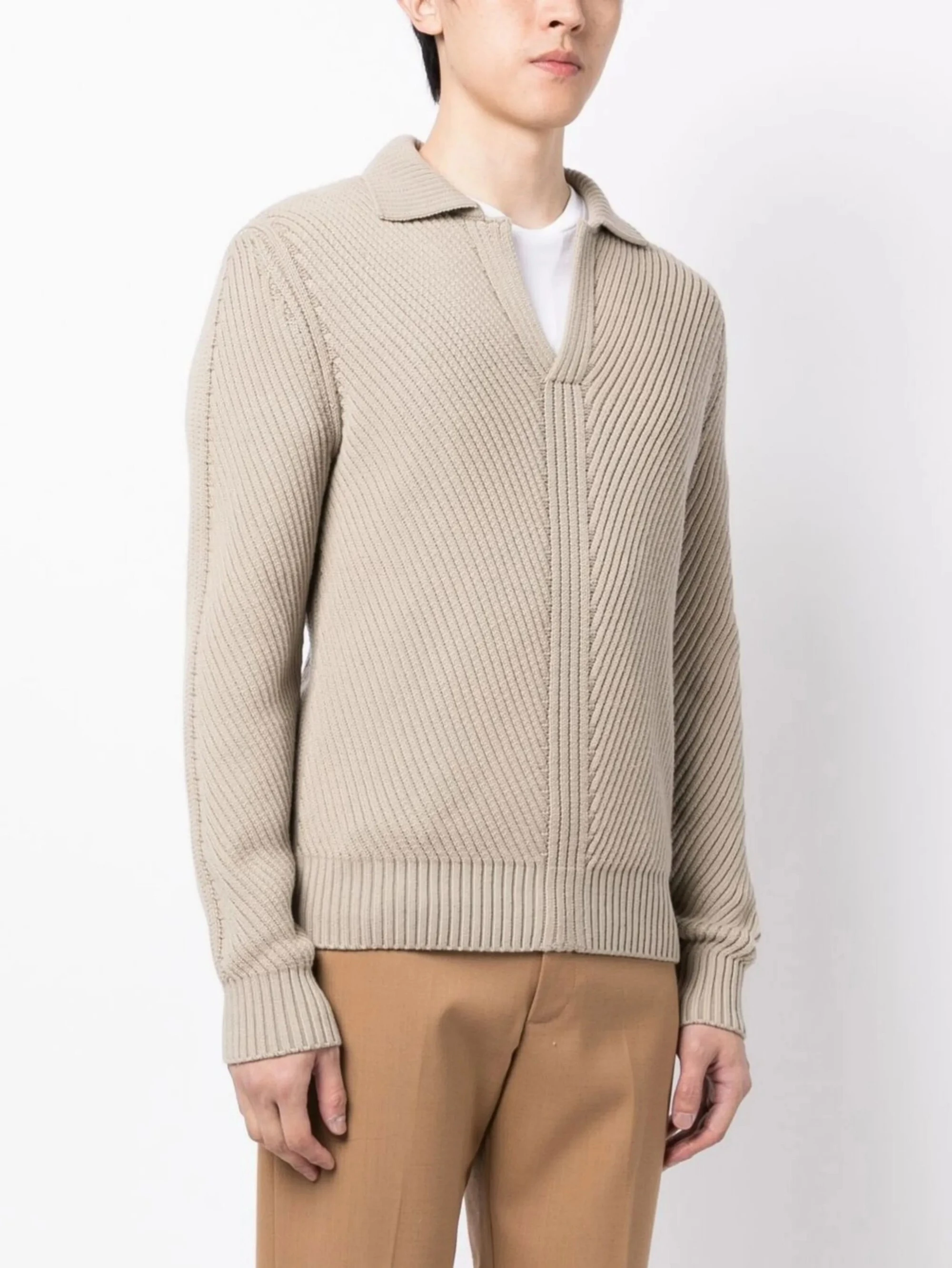 Fan Flon Men's Fashion Solid Color Lapel Regular Shoulder Ribbed Knit Sweater 100% Wool 5/7 Gauge Casual Pullover Business Commuting Menswear Wholesale 1