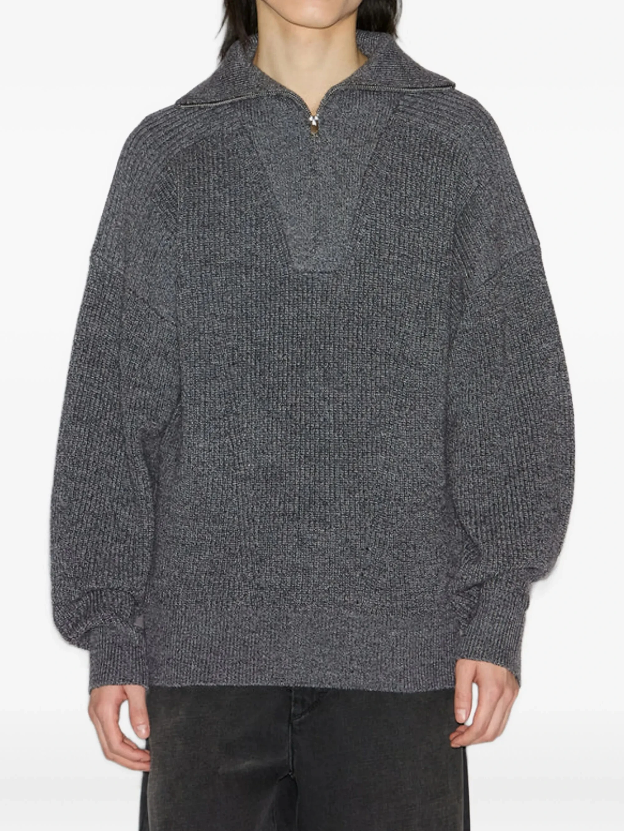Fan Flon Pull à capuche décontracté en tricot raglan 100 % laine à col montant et fermeture éclair pour homme, couleur unie, doublure ample, aiguille 5/7 1