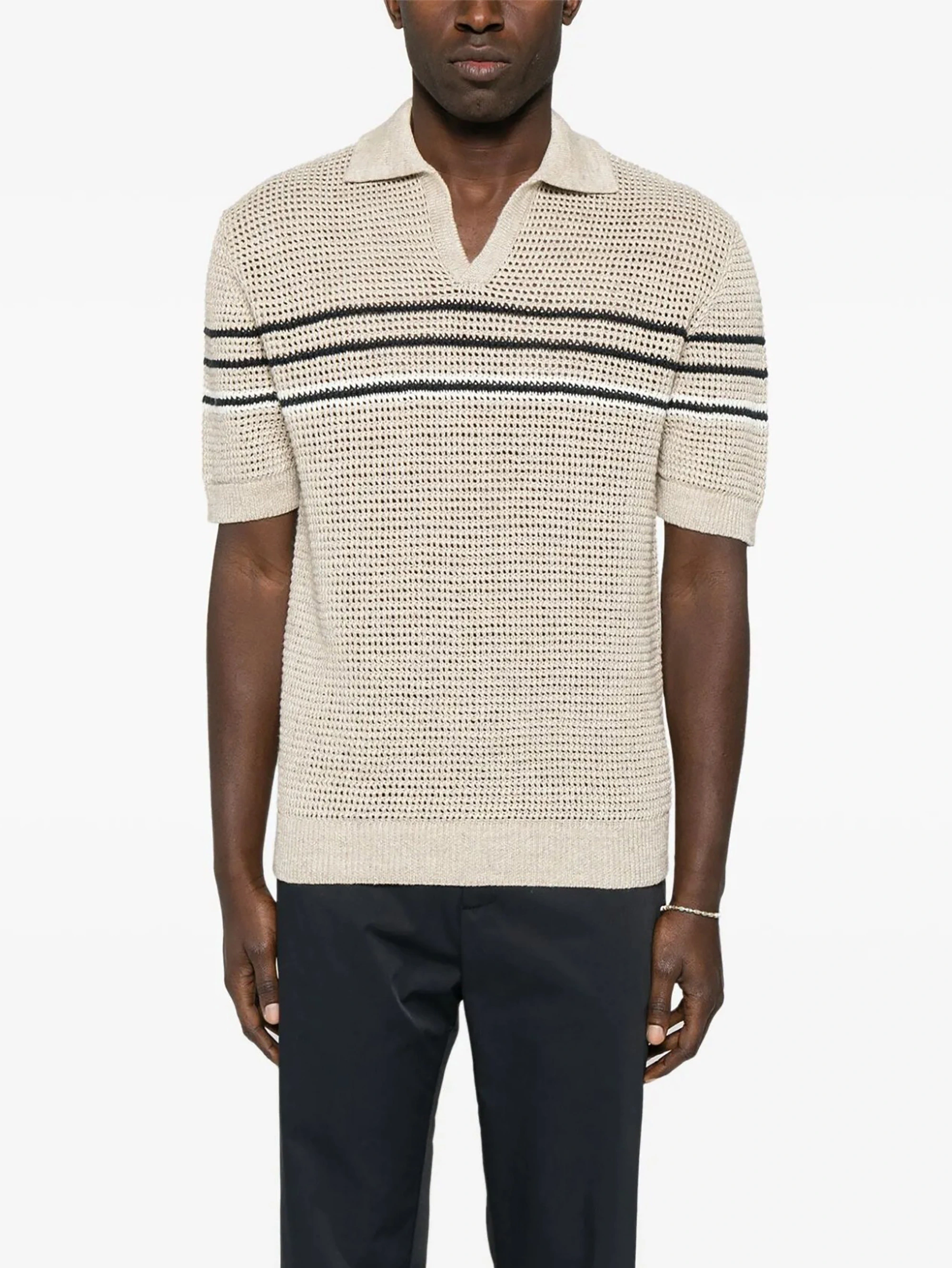Polo Fan Flo pour homme, tricot à manches courtes, rayé, avec galons sur l'épaule droite, 100 % coton, 5/7 points, contraste de couleurs, style décontracté, design polyvalent. 1