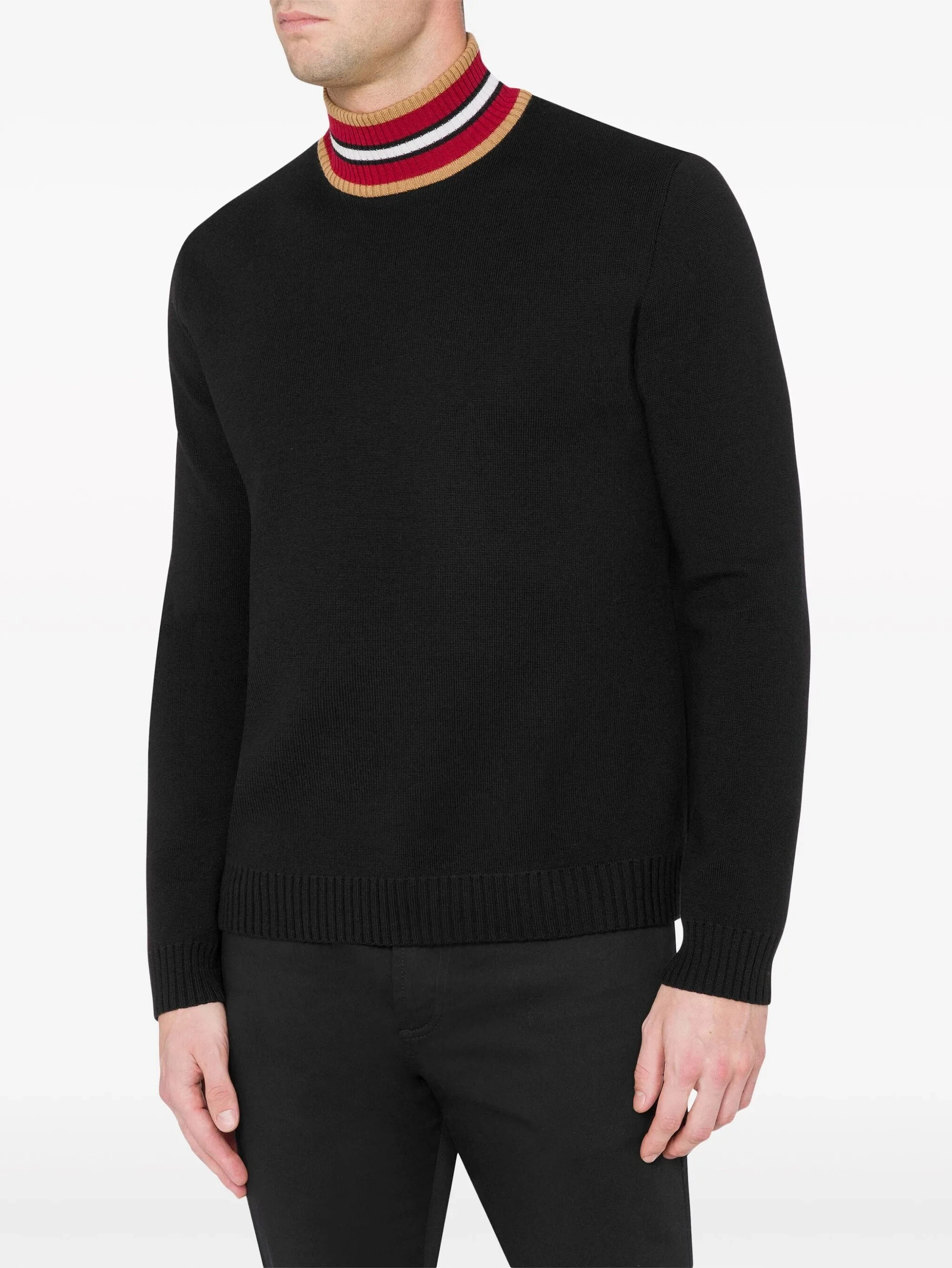 Fan Flon Herrenpullover mit normaler Schulterpartie, hoher Halsausschnitt, gestreift, aus reiner Wolle, Rippstrick, langärmlig, 100 % Wolle, 5/7 Gauge, für den Urlaub und zum Pendeln 1