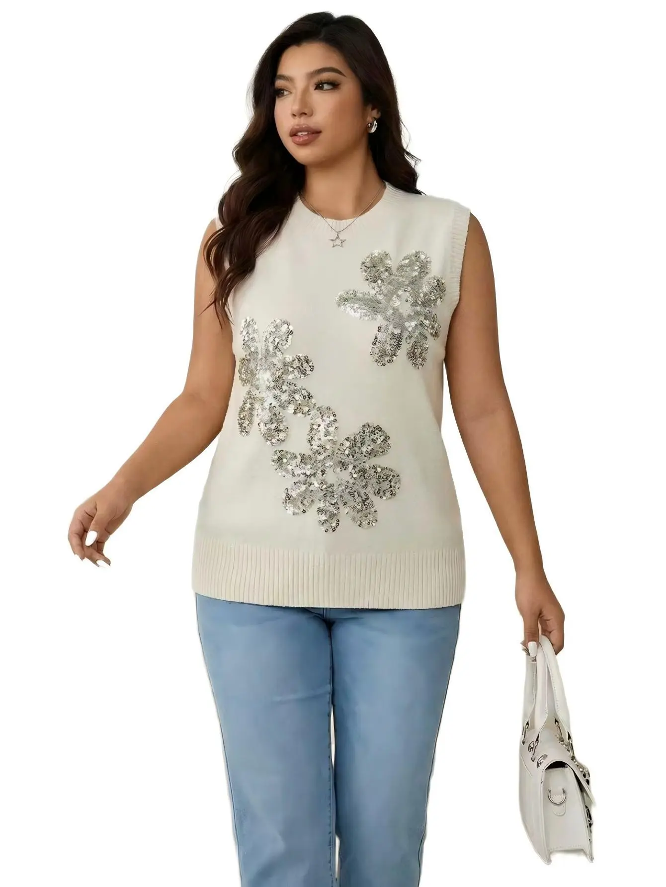 Débardeur à sequins floraux, col rond, couleur unie, pour femme, collection printemps/automne de Fan Flo 1