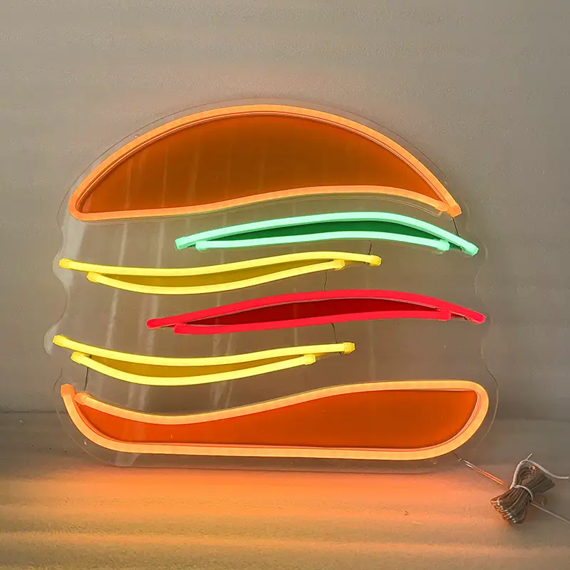 Toplu Sipariş Üzerine Üretilebilen Çok Renkli Burger Akrilik LED Neon Duvar Tabelası 1