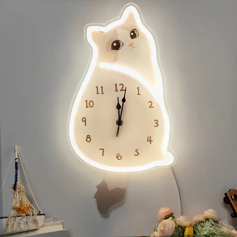 Neon LED Işıklı Kişiye Özel Sevimli Kedi Tarzı Oda Saati Tasarımı ve Ücretsiz Tasarım Hizmetleri 1