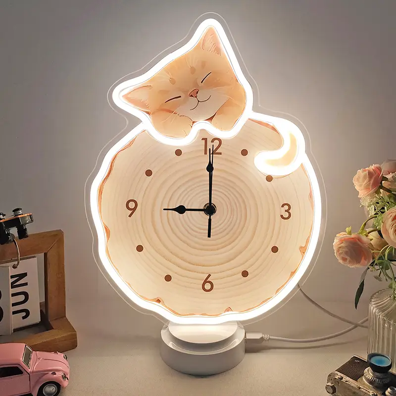 Wholesale Custom Neon LED Light Clock with cat Design, Factory Pricing & Gentle Eye-Friendly Illumination 1
