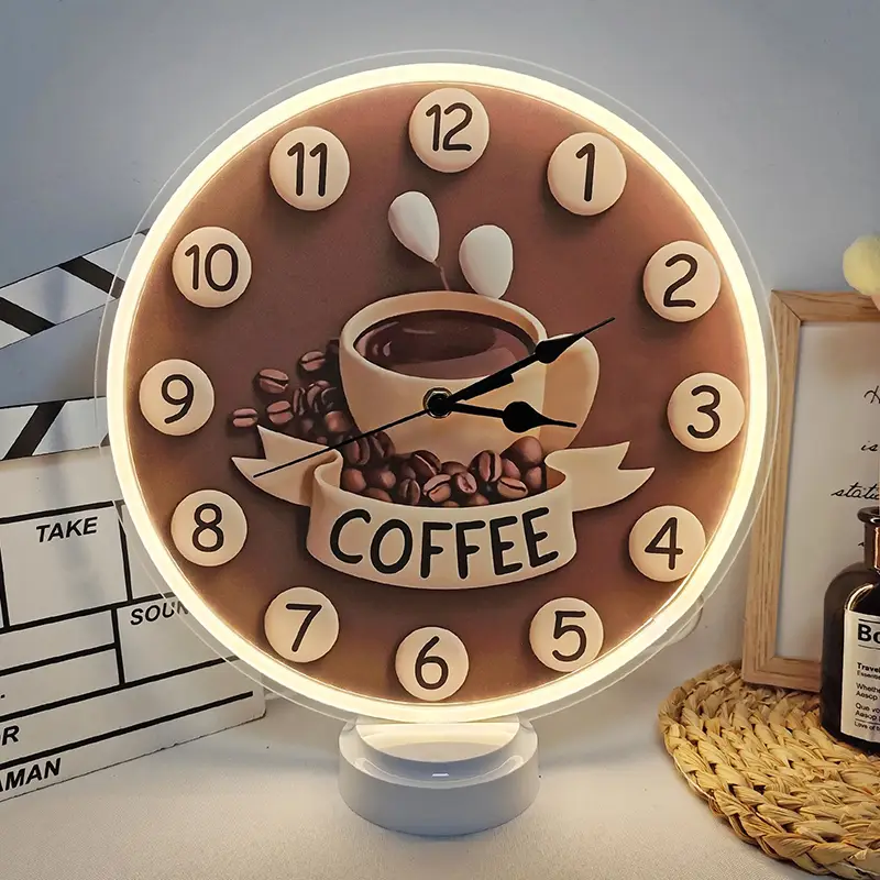 Ücretsiz Tasarımlı, Kahve Özel Şekilli, Fabrika Fiyatlı, Yüksek Kaliteli, İç Mekan Kullanımlı Neon LED Işıklı Saat 1