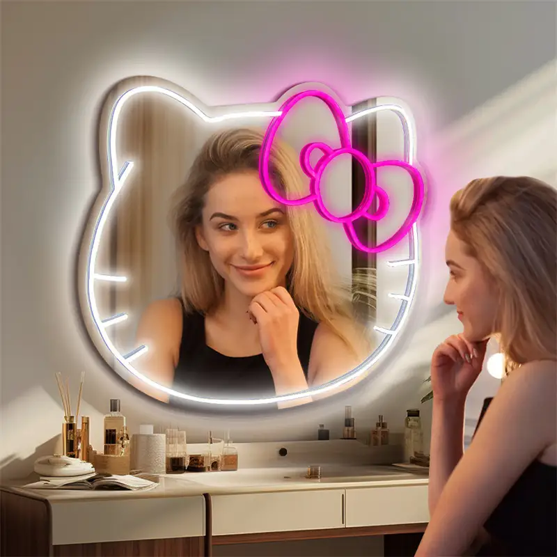 Yatak Odası İçin Şık Anime Karakteri Hello Kitty Şeklinde Beyaz Aydınlatmalı Renkli Kısma Anahtarı Neon Ayna 1