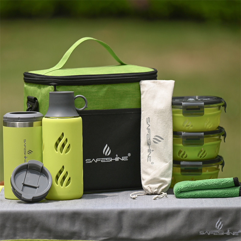 Safeshine 450ml Silicone Sleeve Glass Water Bottle Outdoor Camping Kit with Tabelwares 1