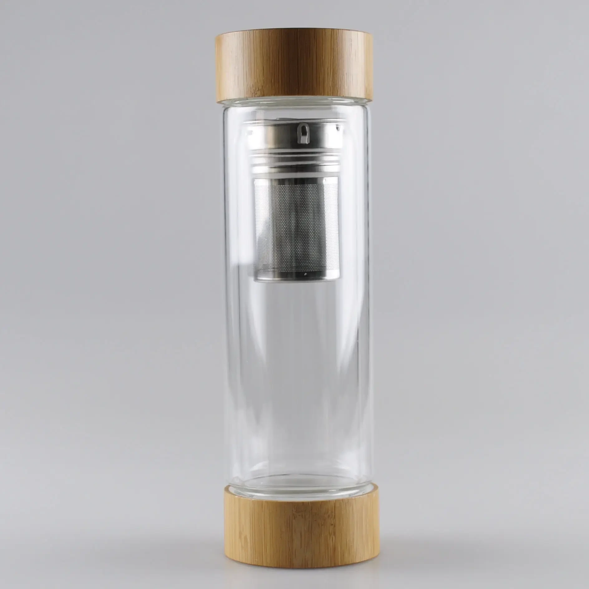 350ml Twin Bamboo Lid Double Wall Glass Tea Tumbler 1