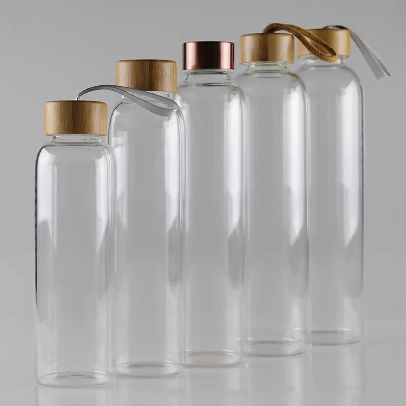 420ml / 550ml / 750ml / 1000ml Barrel Shape Bamboo Lid Borosilicate Glass Bottle 1