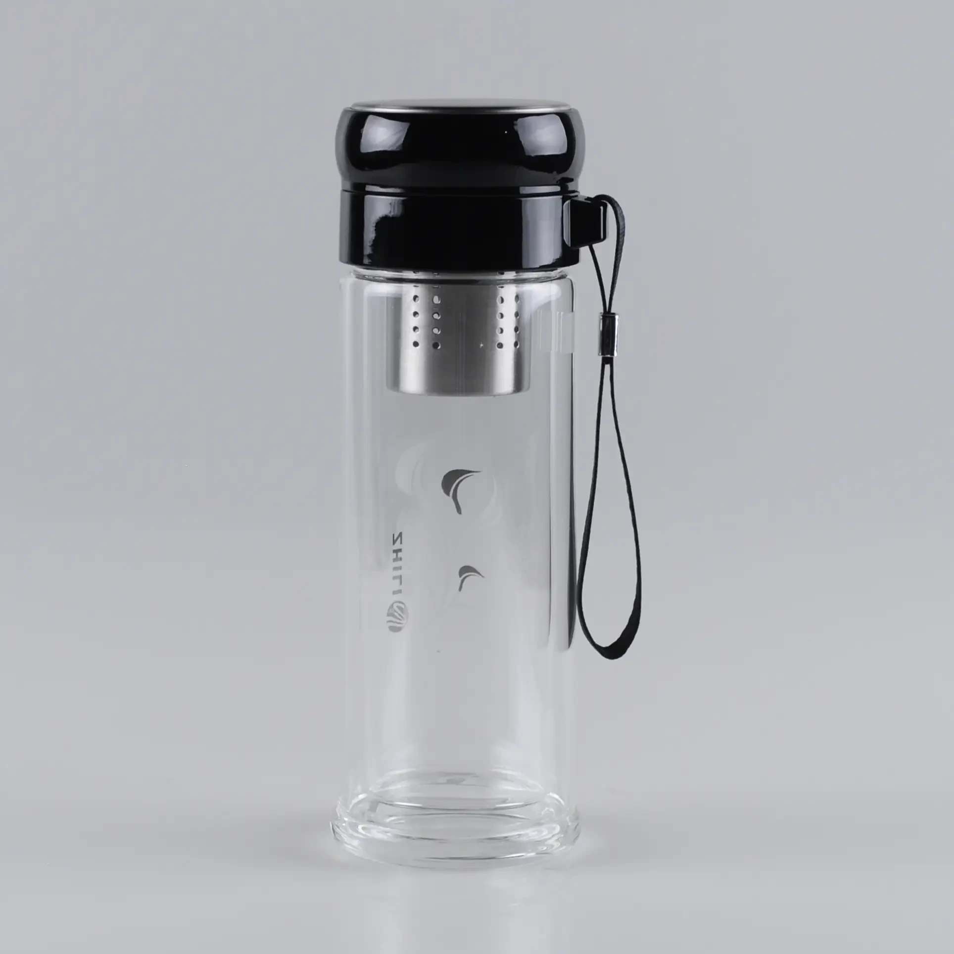 300ml Carrying Strap Double Wall Glass Cup with Tea Strainer 1