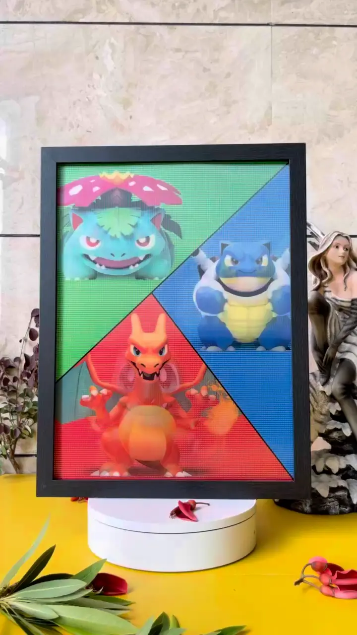 Pokémon 3D Lenticular Poster – Glumanda, Bisasam, Shiki Anime Art with Frame for Retailers 1