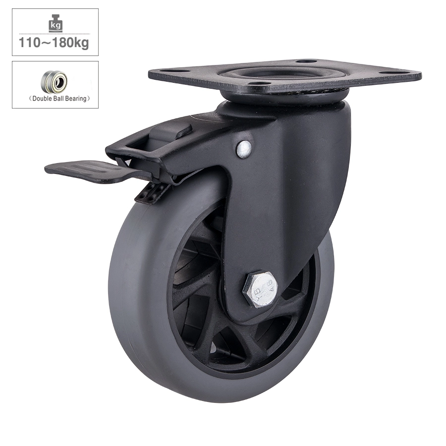4 Inch E Coated Steel Bracket Grey TPR Wheel Double Ball Bearing Non Marking Medium Heavy Duty Caster Wheels for Carts 1