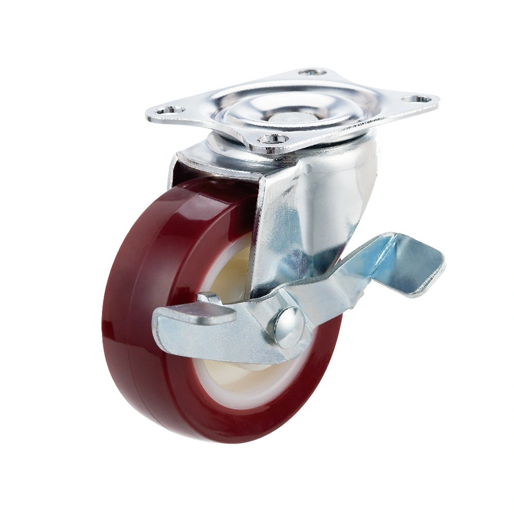 2 Red Polyurethane Locking Wheels Brake PU Low Profile Locked Caster Wheel 1