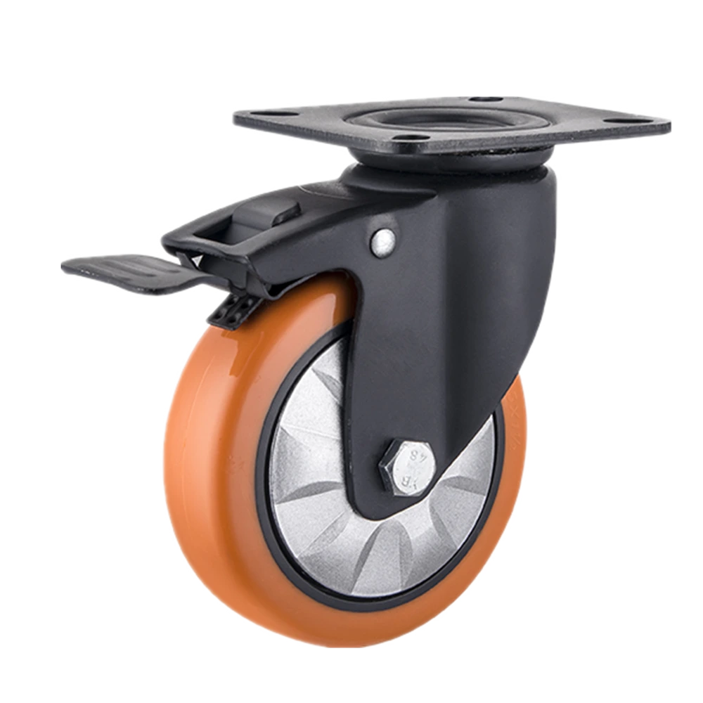 Factory Supply Mid Heavy Duty 6 Swivel Brake And Lock Orange PU Handle Trolley polyurethane wheels and casters 1