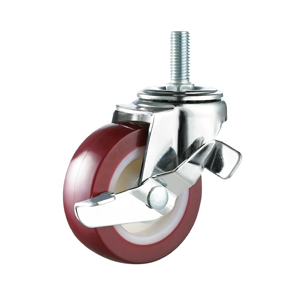 2 Red Polyurethane Threaded Stem Swivel With Side Brake PU Low Profile Caster Wheel 1