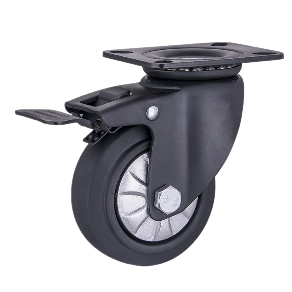 4Retractable Warehouse and Transportation Trolley Swivel Total Brake Black Elastic Thermoplastic Rubber Caster 1