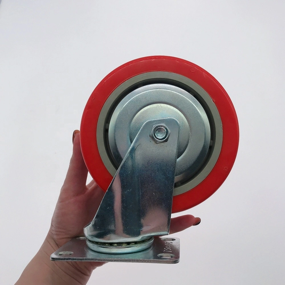 Industrial 75 100 125mm Korea Style Medium Duty Side Brake Single Ball Bearing Red PVC Plastic Castor Wheel 1
