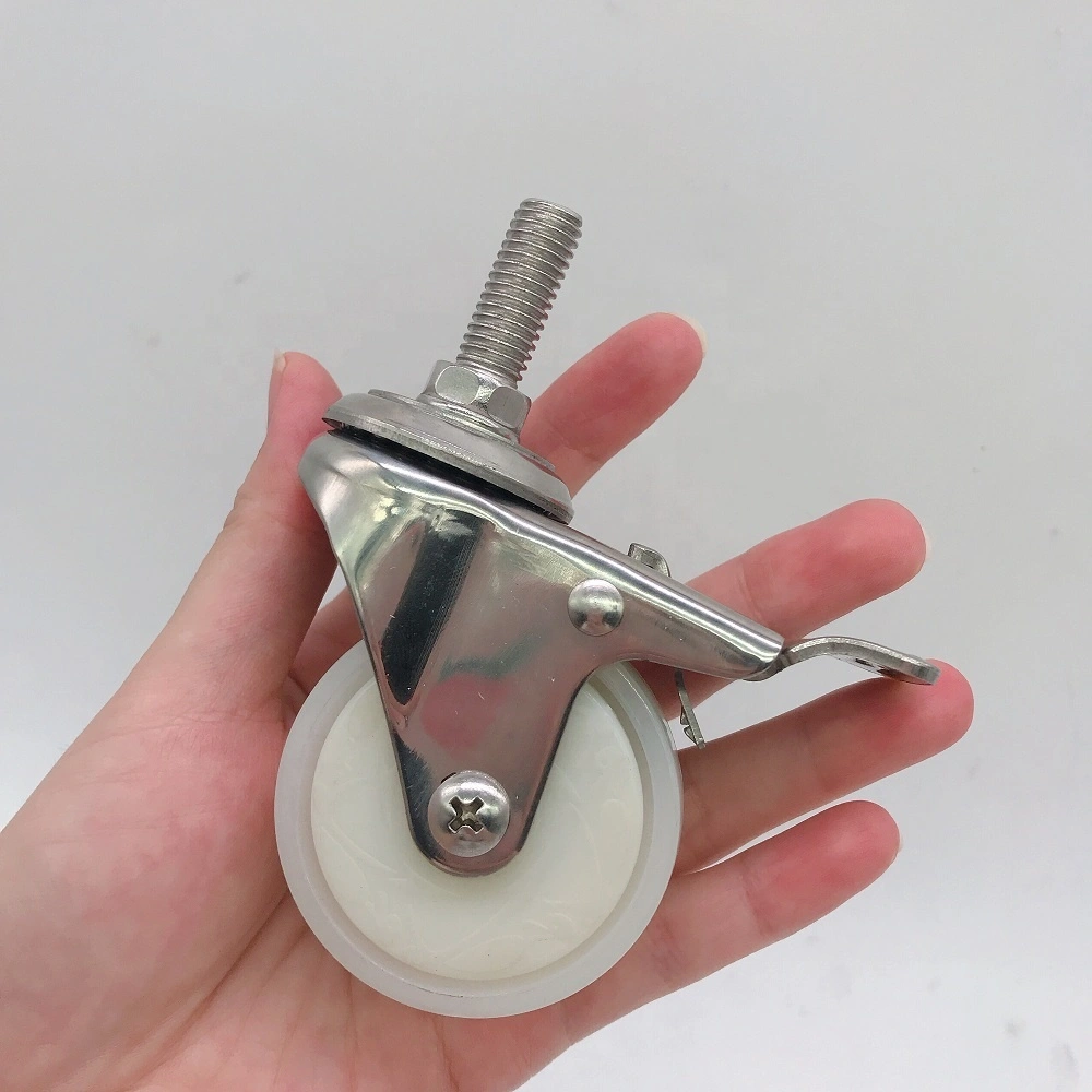 Stainless Steel 304 Small 50mm 2 inch Threaded stem Nylon Swivel Castor Wheel with Brake 1