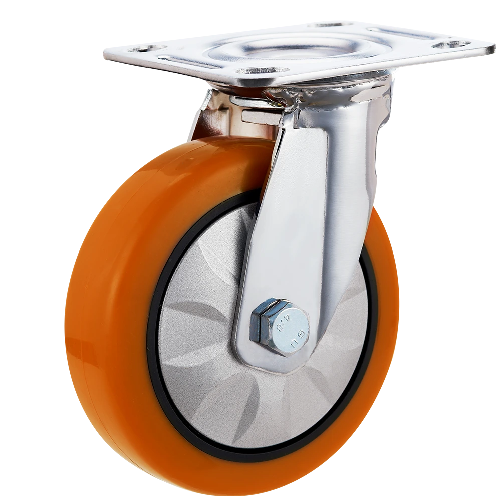 4 Inch Zinc Plated Swivel Orange PU Wheel Medium Heavy Duty Casters for Factory Material Handling Machine Manufacturing 1