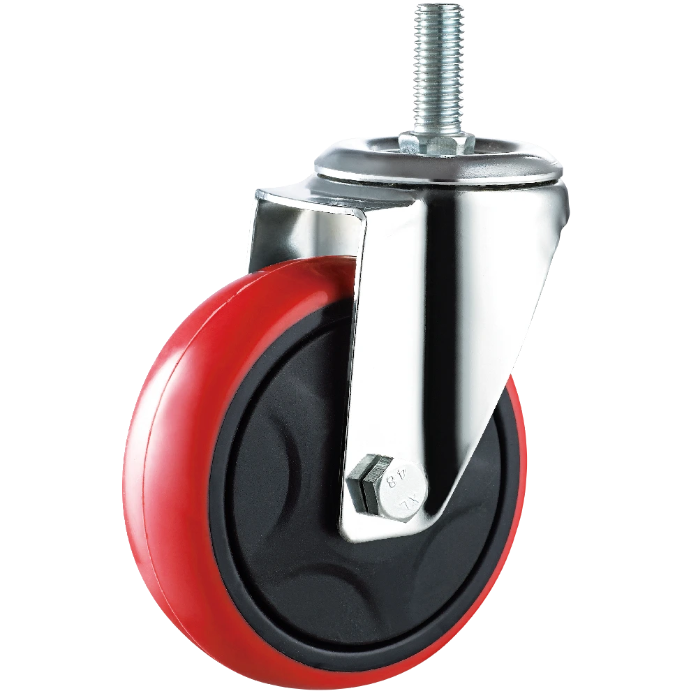 6 Inch Red PU Wheel 40mm Tread Width Wear Resistance Shock Absorbing Threaded Stem Mount Industrial Castors 1