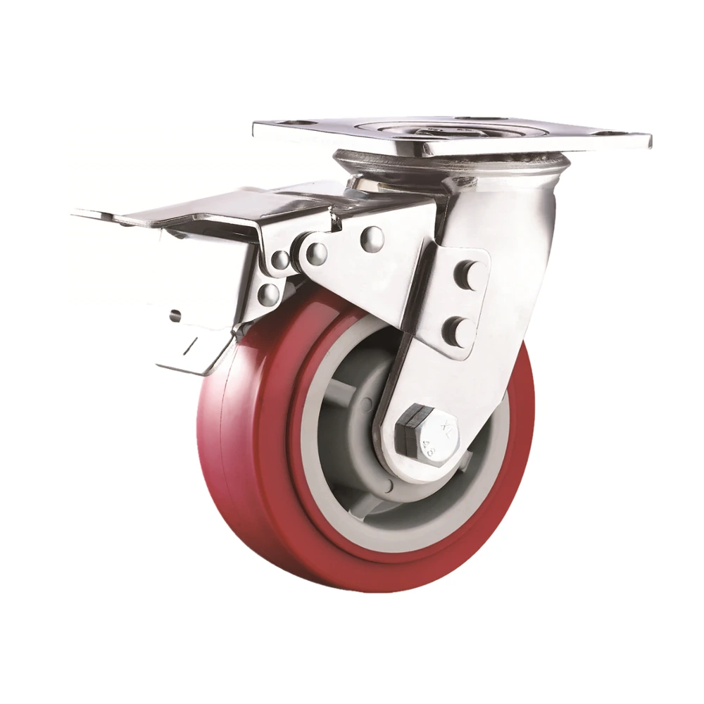 4 5 6 8 Zinc Plated Total Brake And Lock Red PU Polyurethane Heavy Loading Trolley Caster Wheels 1