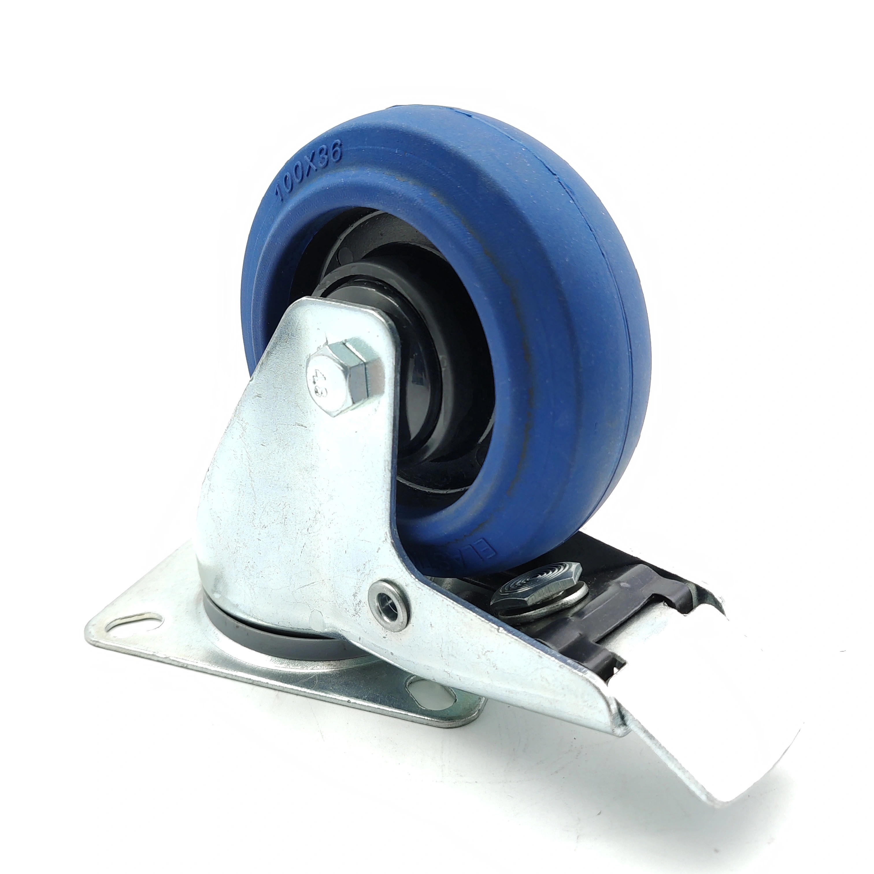 100mm 4 Inch Diameter European Mounting Dimension Nylon Hub Roller Bearing Elastic Blue Rubber Caster Wheel 1