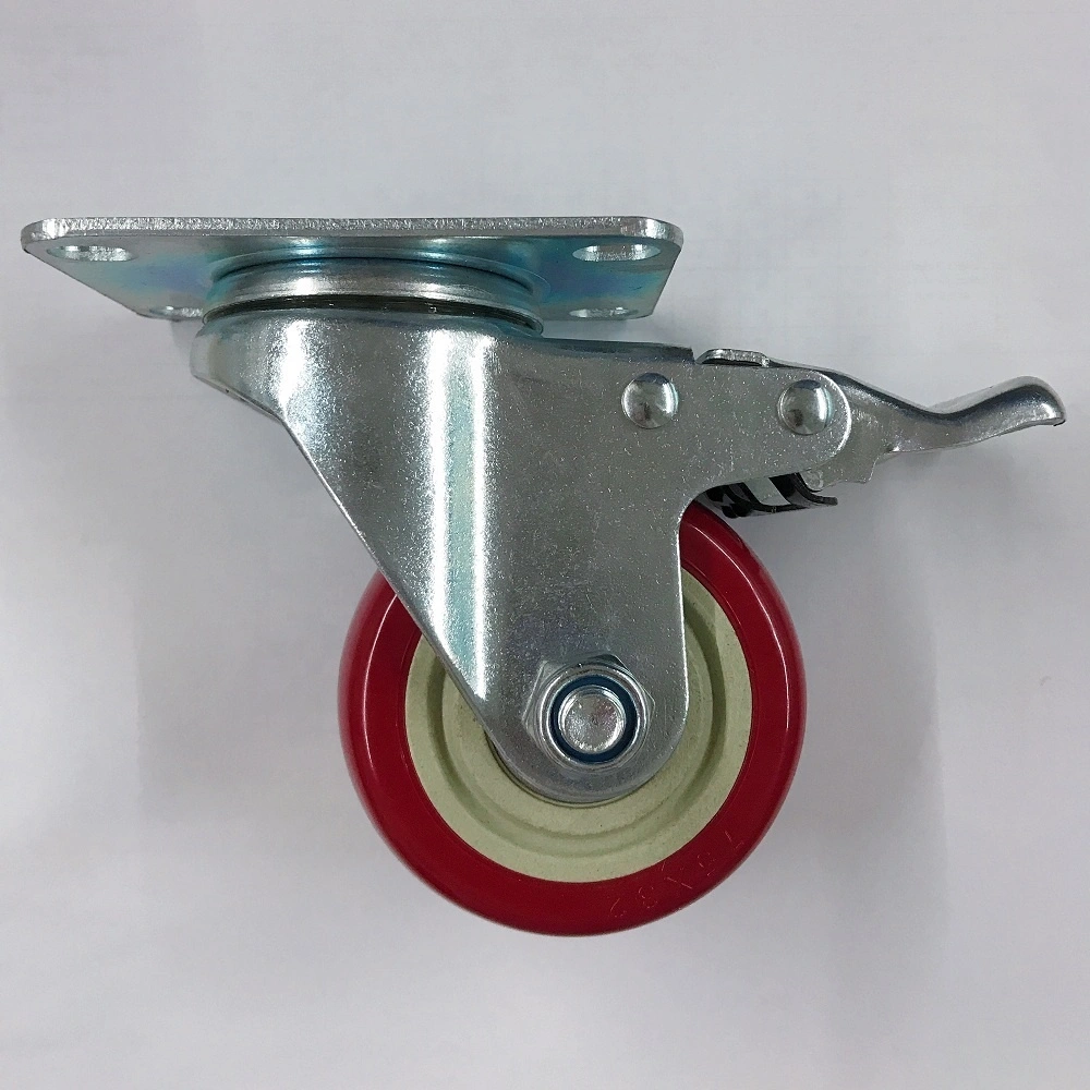 Industrial Red PVC Casters With Double Brake 100mm Castors Wheel With Single Ball Bearing With Top Plate 1