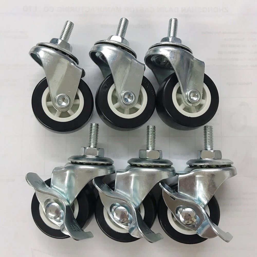 1.5inch Light Duty Plain no bearing Black PVC Tyre Swivel Threaded Side Brake Furniture Caster Wheels 1