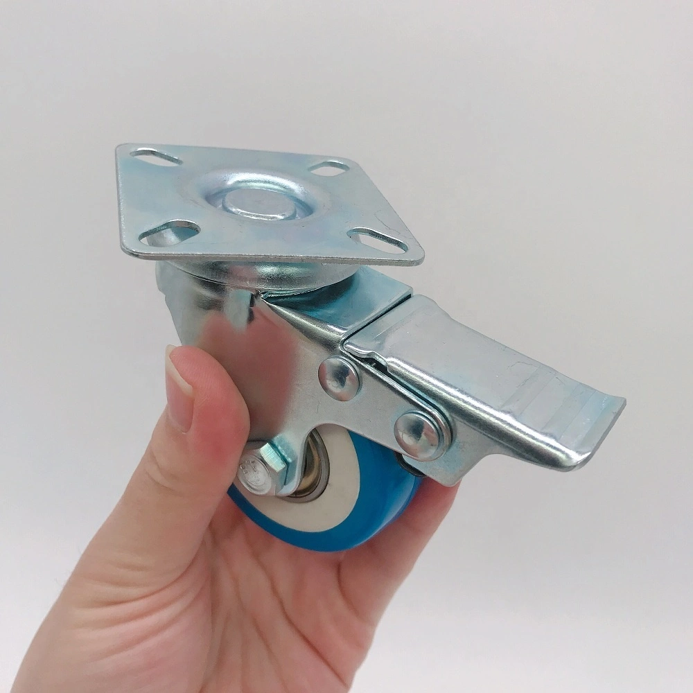 2 inch Light Duty Furniture Polyurethane PU Blue Swivel Caster Wheel with Stopper 1