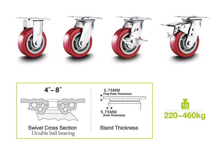 Patent braking heavy duty swivel PU caster wheels with brakes 5