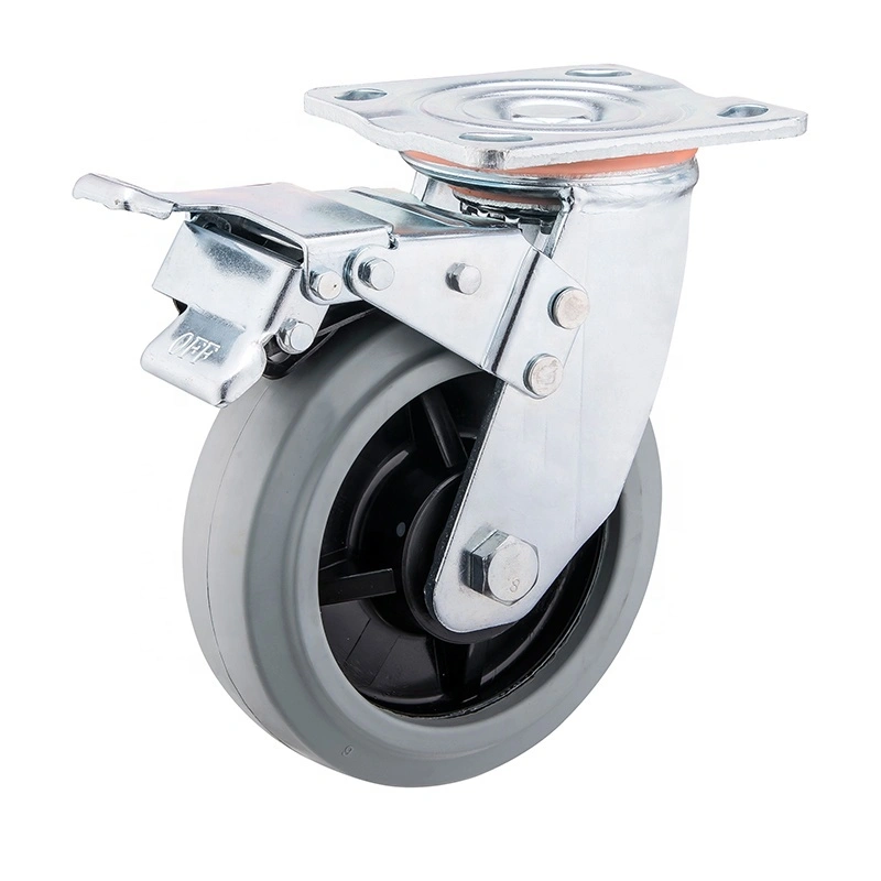 4inch 200kg Caster Wheels With Brakes Grey Elastic Heavy Duty Rubber Transport Equipment Industrial Caster Wheel 1