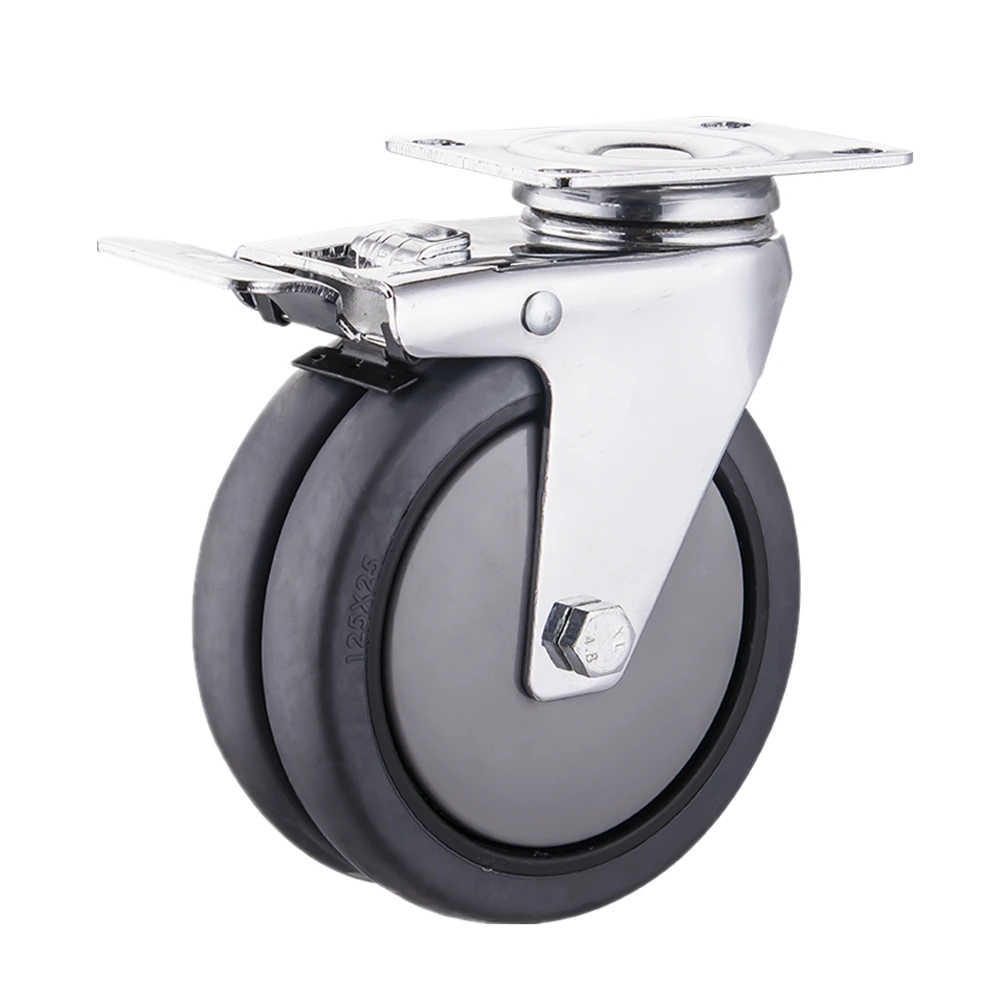 3/4/5 inchTop Plate Total Brake Ball bearing Dual Wheel TPR Casters With Plastic Thread Guard 1