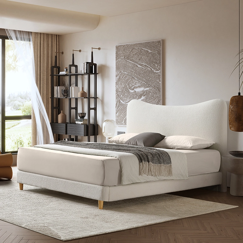 سرير ناعم حديث منجد للبيع بالجملة من مصنع MB5159ZT، إطار سرير خشبي مع لوح رأس مبطن، مصنوع من قماش صوف الحملان، مرتبة Fansace 1