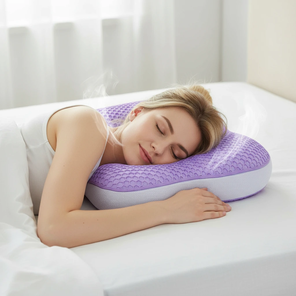 Oreiller rafraîchissant en TPE FP-04 pour dormeurs chauds. Design en nid d&#39;abeille respirant, housse en microfibre élastique pour soulager la pression et s&#39;adapter à toutes les positions de sommeil. Fansace 1