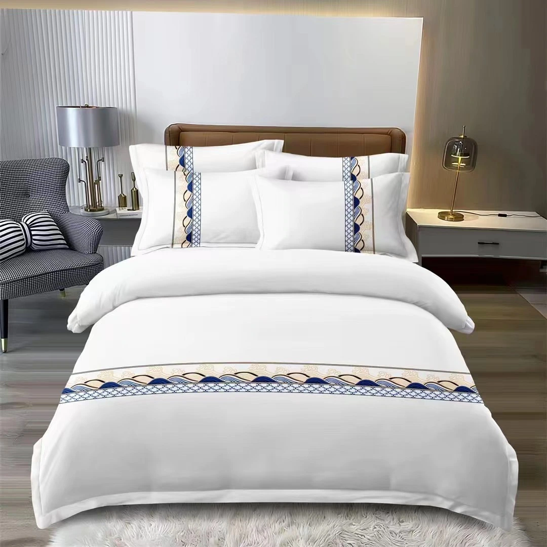 Jogo de lençóis de luxo para quarto de hotel, em linho branco liso bordado, modelo 6080S, 400 fios, 100% algodão cetim, fabricado na China. 1