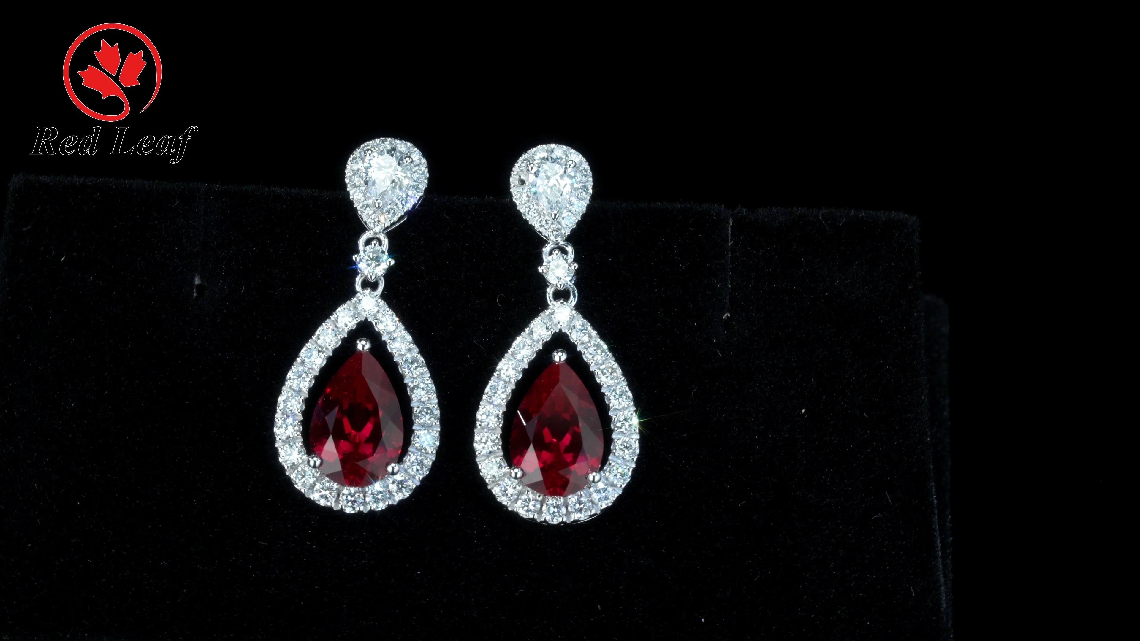 Redleaf 18K White Gold Lab Grown Blood Red Sapphire With Lab Grown Diamond Pear Shape Drop Earrings Custom Jewelry 1