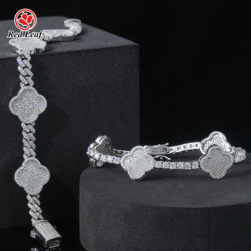 Pulsera de moissanita en oro blanco de 14 quilates y 18 quilates, cadena cubana, cadena de tenis, joyería personalizada hecha en laboratorio - Redleaf 1