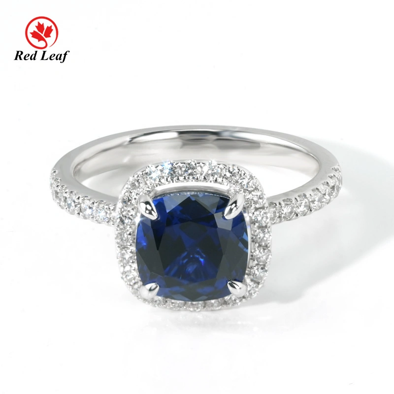 Anillo de compromiso con zafiro cultivado en laboratorio de oro blanco de 10 quilates, 14 quilates y 18 quilates, talla cojín de 1 quilate y 2 quilates, con diamantes de laboratorio personalizados - Redleaf 1